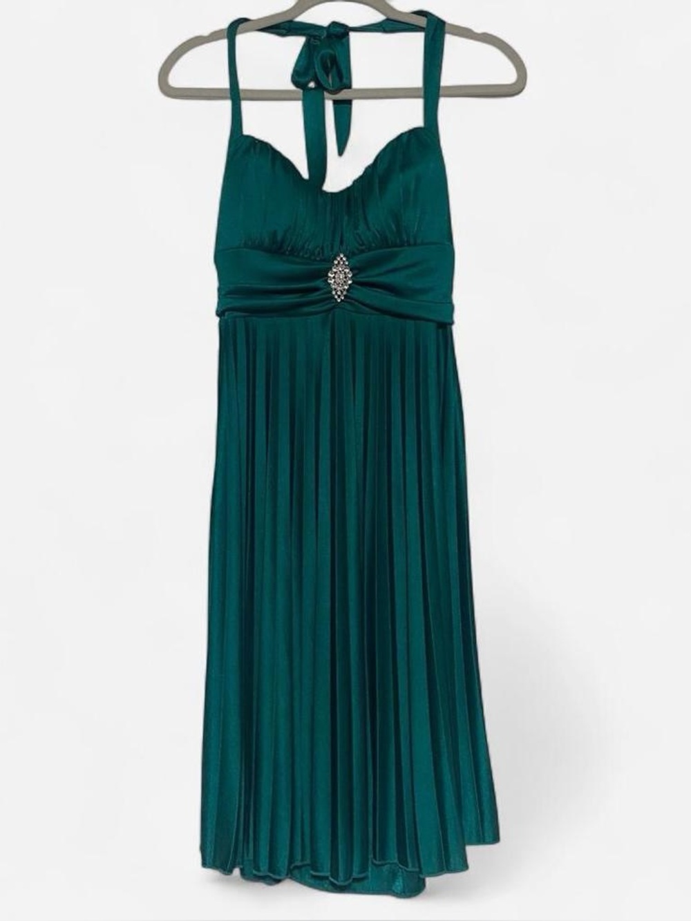 Speechless Teal Halter Pleated Midi Dress with Rhinestone Accent